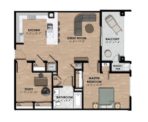 One bedroom one bath apartment with den and balcony